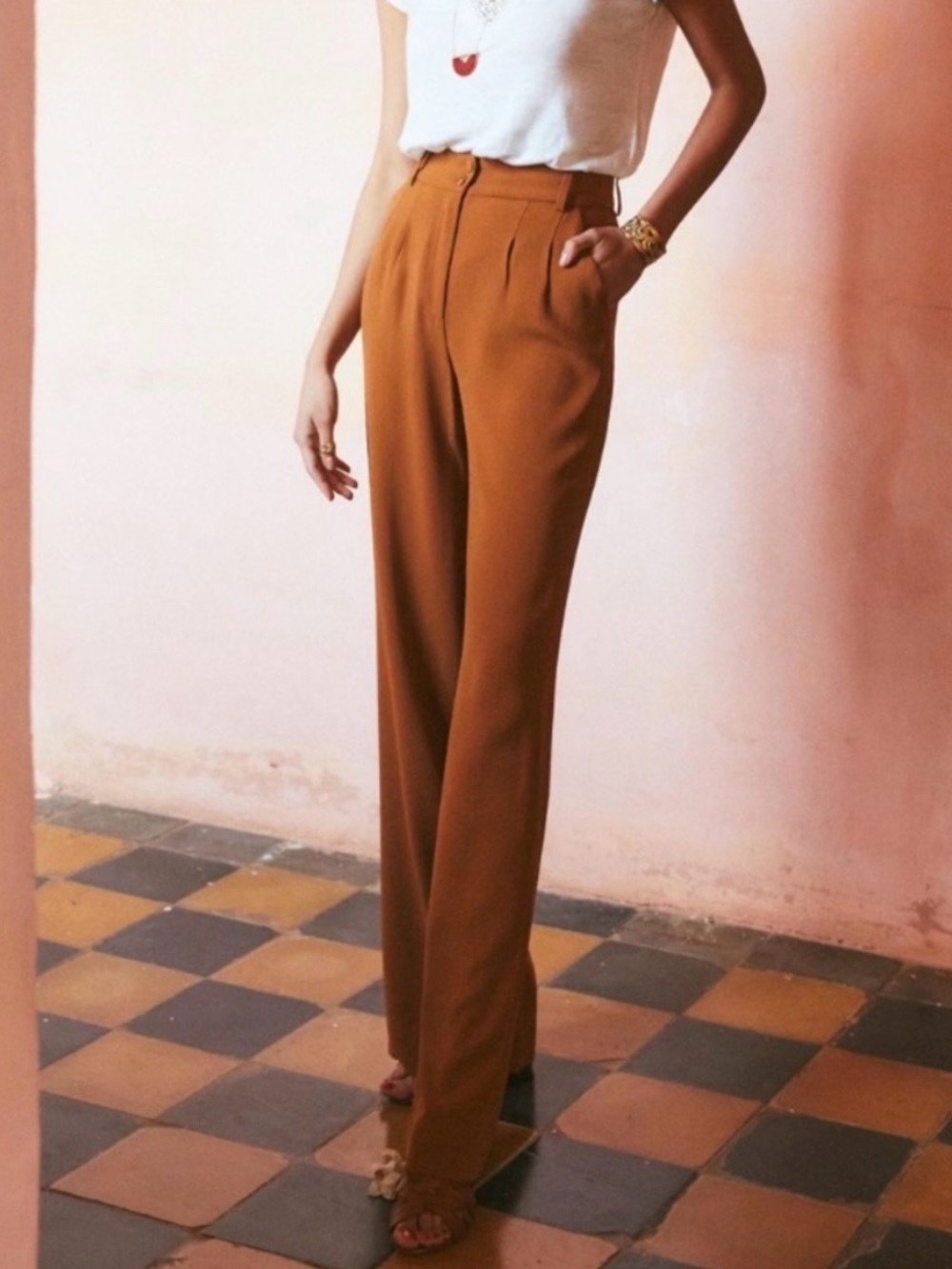 Sezane Wide-Leg Trousers in Cognac - Picture 2 of 5